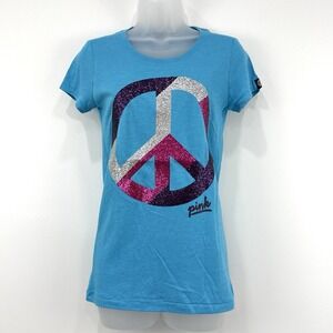 Victorias Secret Pink Graphic‎ Tee Womens M Blue NWT VTG Y2K Peace Sign Glitter
